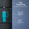 The Tri-Temperature Black Bottom Load Water Cooler - 425 Series dispenses into a blue travel mug, showing a 10.5” dispense height and 3.9” drip tray depth. “Easy Dispensing” appears on a blue background.