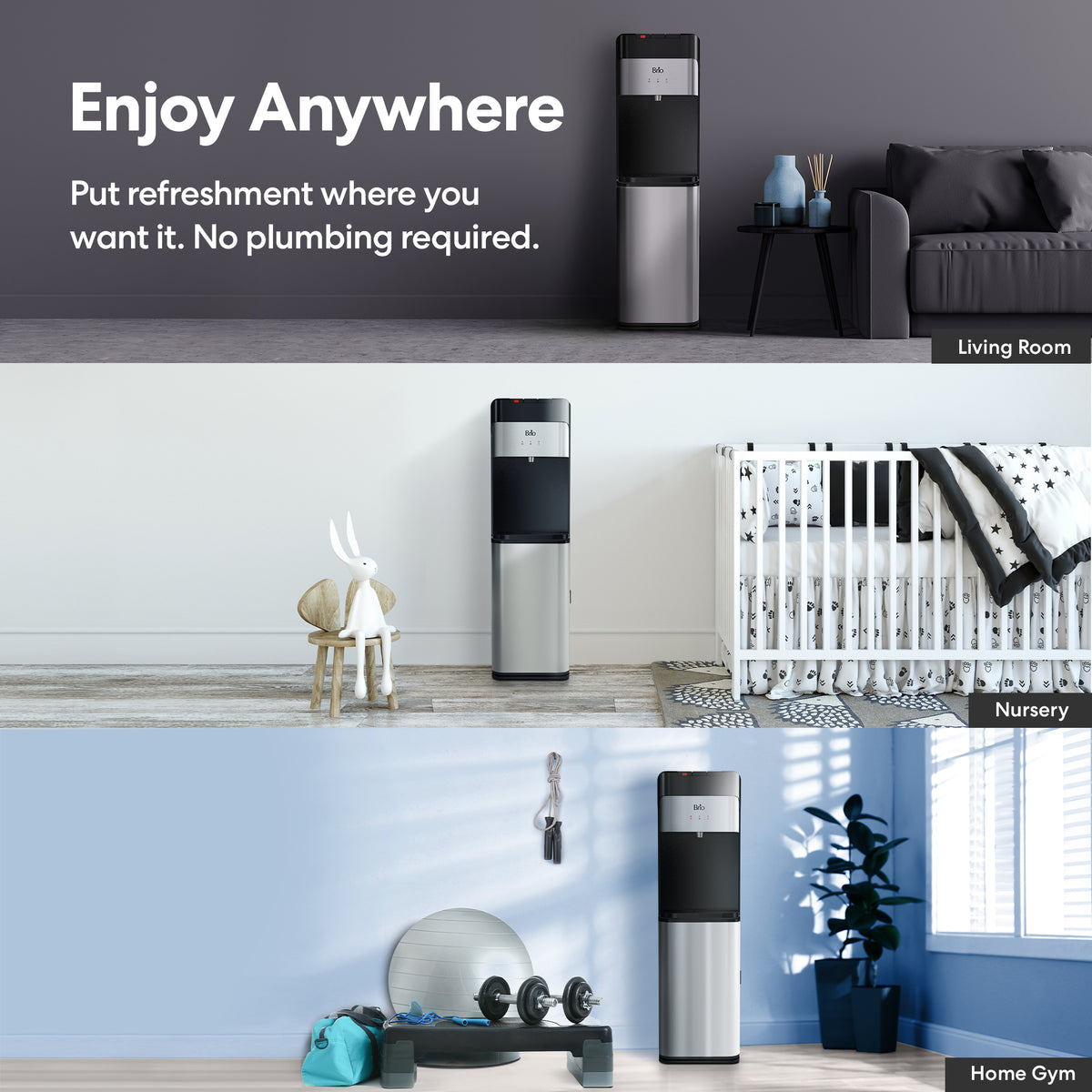 Three rooms—a living room, nursery, and home gym—each showcase the Bottom Load Water Dispenser - Model 430 in sleek stainless steel, highlighting its versatility along with the message “No plumbing required” on the image.