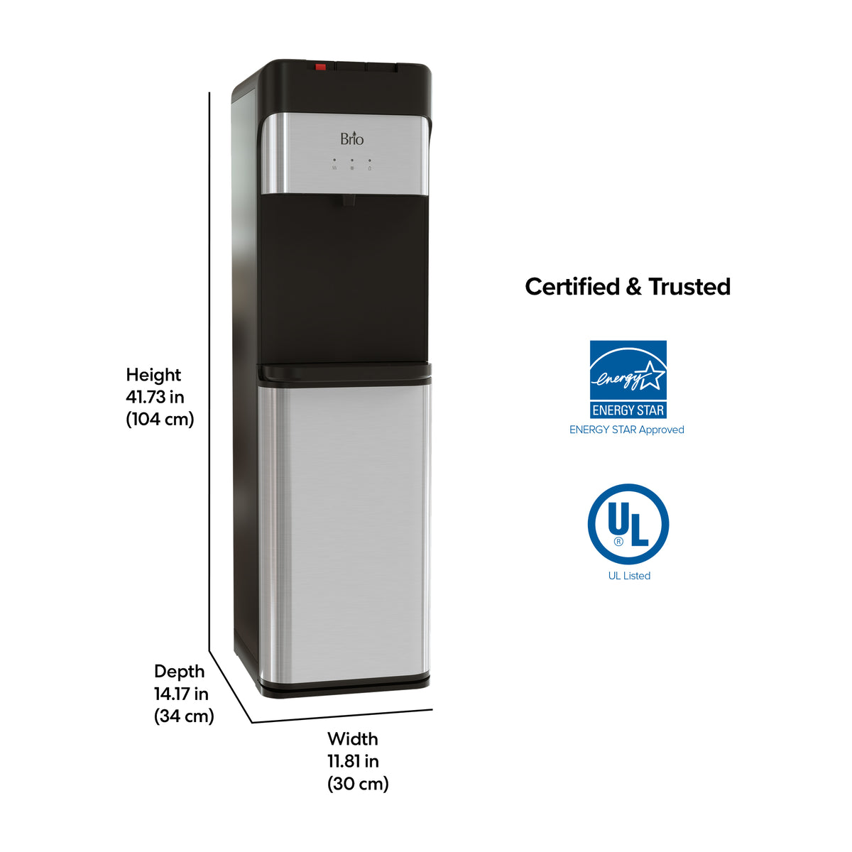 Here is your rewritten sentence using the product data: The Bottom Load Water Dispenser - Model 430 is a sleek black and silver stainless steel dispenser with labeled height, depth, and width. Shown on the right, this ENERGY STAR and UL Certified & Trusted model offers both hot and cold water dispensing options.