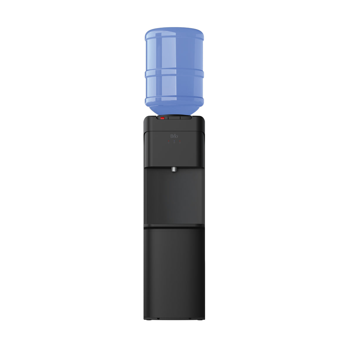 A Hot & Cold Top Load Water Cooler – 430 Series in black, shown against a white background, features a large blue water jug on top and is equipped with a spout, control panel, and child safety lock on the front for safe dispensing of hot and cold water.
