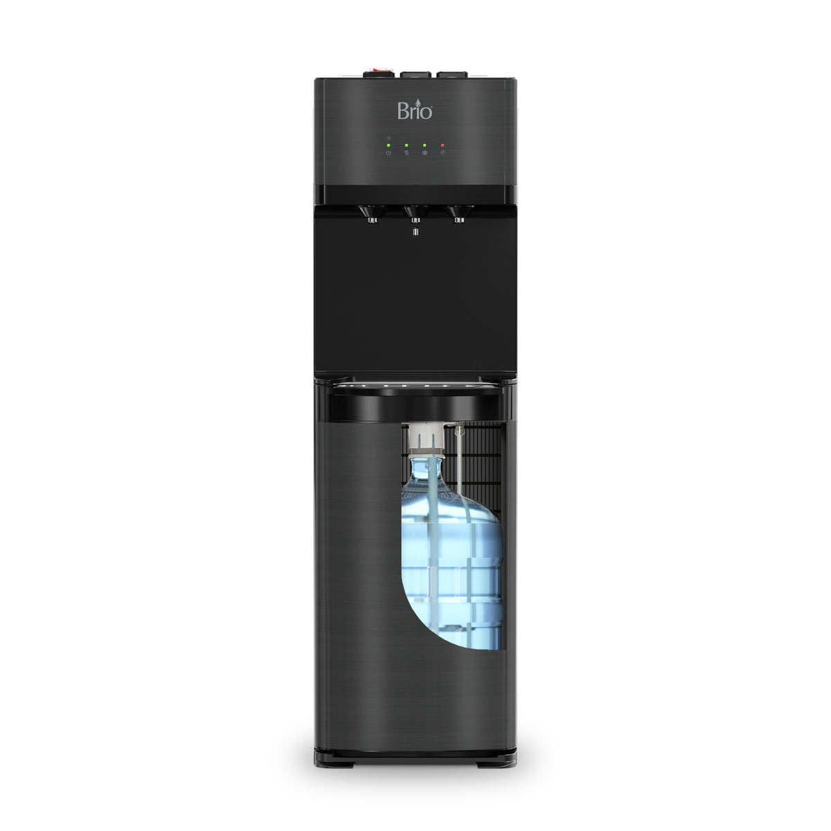 A Black Stainless Bottom Load Water Dispenser - 520 with a visible large blue water jug inside, top-mounted control buttons, and LED indicator lights on the front. This water cooler features advanced self-cleaning technology for added convenience and hygiene.