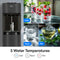 The Black Stainless Bottom Load Water Dispenser - 520 fills a glass as three images nearby display its versatility: water served cold with berries, at room temperature, and hot as tea. Labels highlight the dispenser’s cold, room temperature, and hot water options.