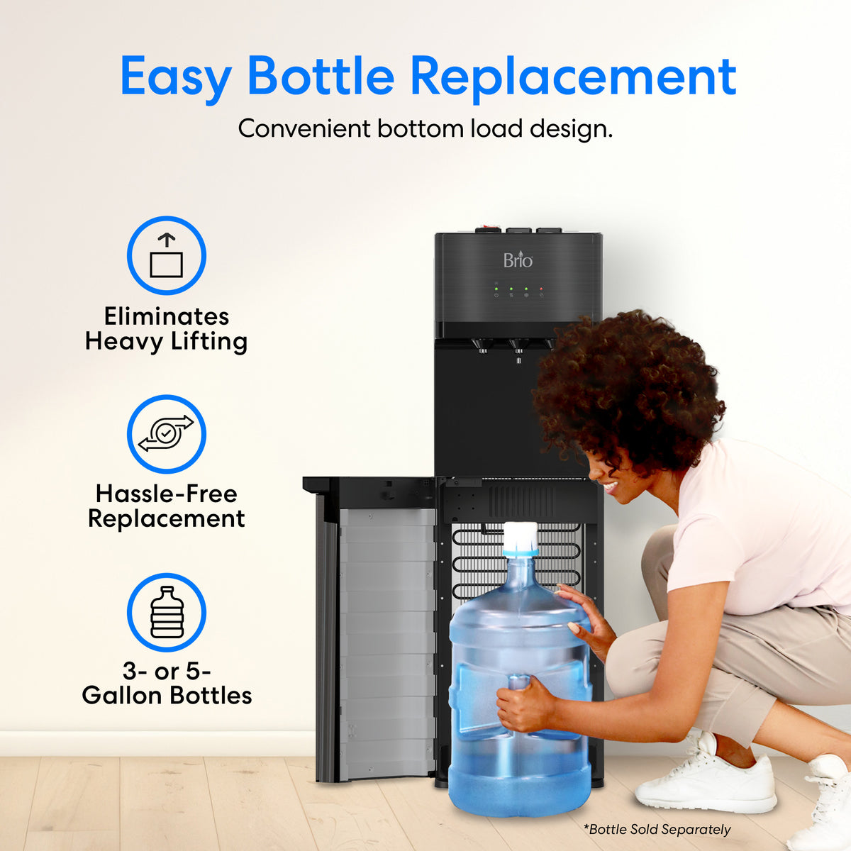 A woman kneels to load a large water bottle into the Black Stainless Bottom Load Water Dispenser - 520. Text highlights easy, hassle-free bottle replacement and eliminates heavy lifting, with compatibility for both 3- or 5-gallon bottles. The description also emphasizes that this self-cleaning dispenser ensures your water stays fresh and pure with minimal maintenance.