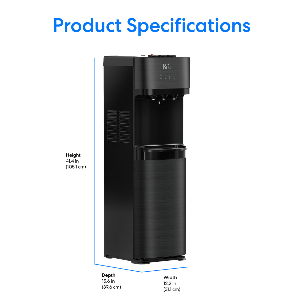 A Black Stainless Bottom Load Water Dispenser - 520 is shown with product specifications: height 41.4 in (105.1 cm), depth 15.6 in (39.6 cm), and width 12.2 in (31.1 cm). Blue text says Product Specifications at the top.