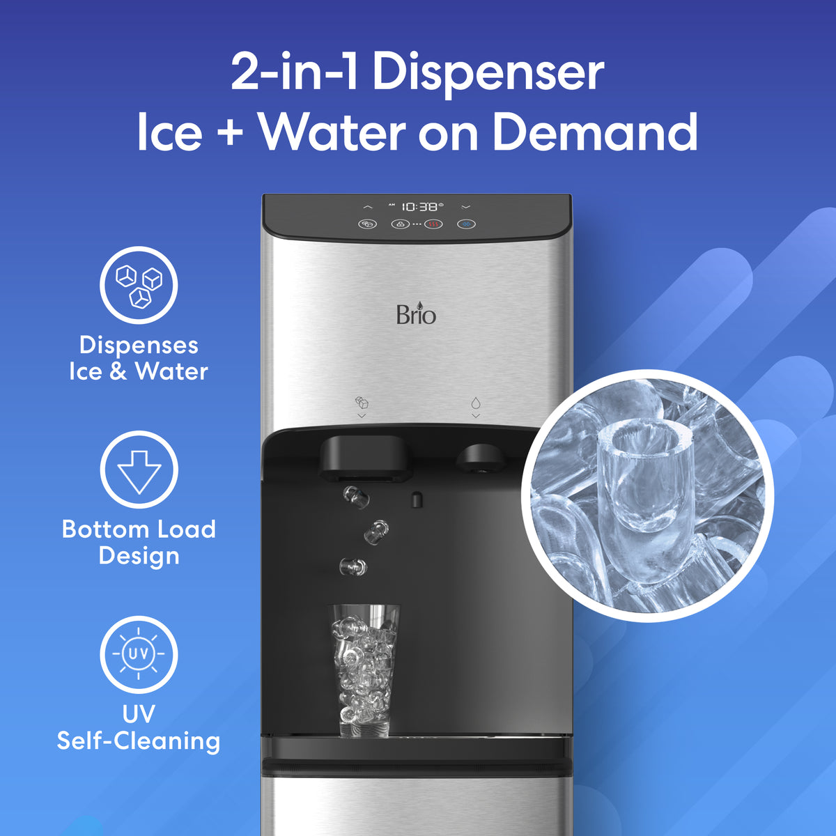 The Bottom Load Bullet Ice & Hot/Cold Water Dispenser - Model 520 Ice offers on-demand bullet ice and hot or cold water, featuring glass filling with fresh ice, clearly labeled dispensing icons, UV self-cleaning technology, and a convenient bottom loading design—all presented against a blue gradient background.