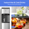 Bottom Load Bullet Ice & Hot/Cold Water Dispenser - Model 520 Ice serving ice-cold cucumber water and two mugs of hot tea with citrus and berries. Text reads: Instant Hot & Cold Drinks—enjoy your favorites instantly.