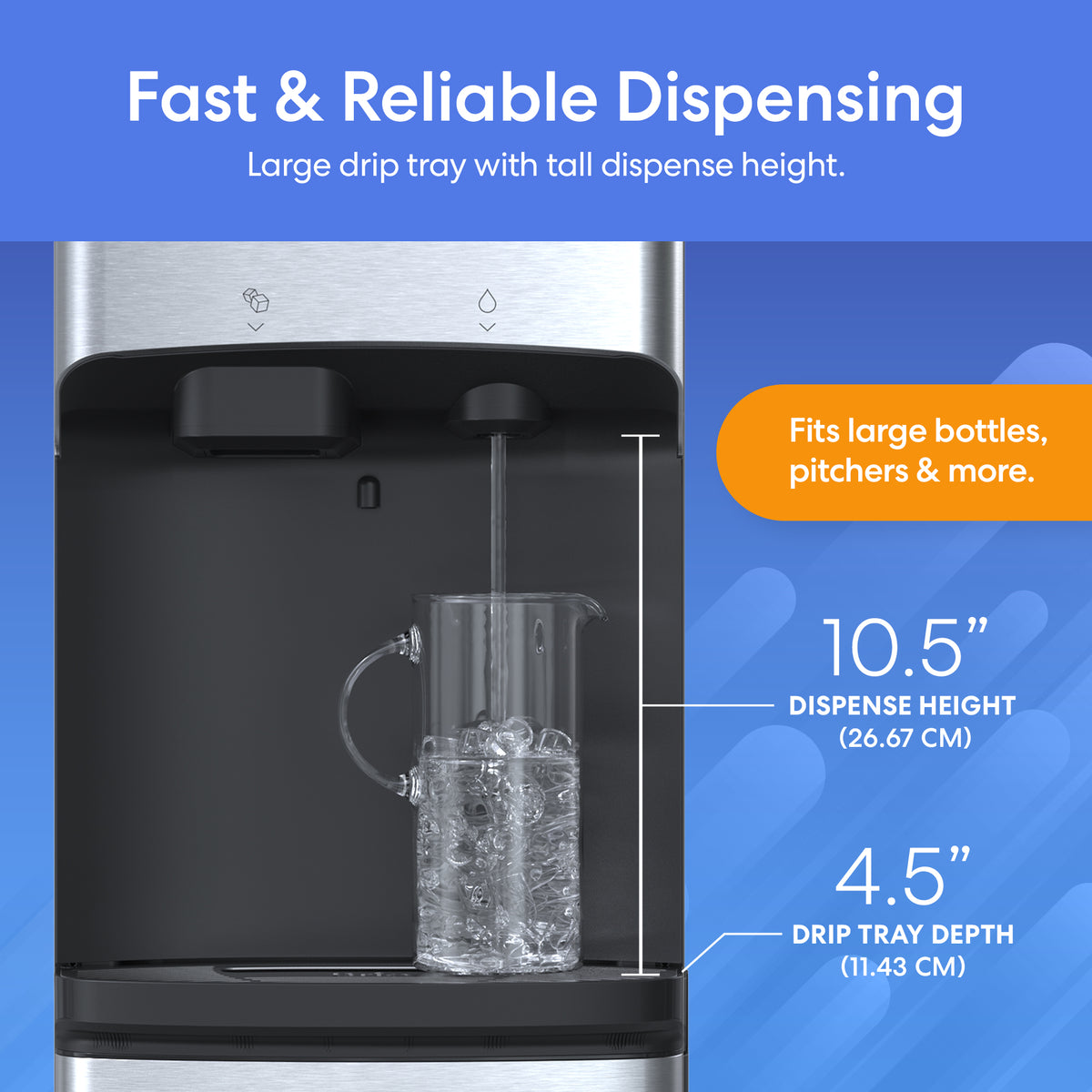The Bottom Load Bullet Ice & Hot/Cold Water Dispenser - Model 520 Ice features a tall spout that easily pours water into a clear pitcher. With its 10.5-inch dispense height and spacious 4.5-inch drip tray depth, it’s ideal for filling large bottles and pitchers.