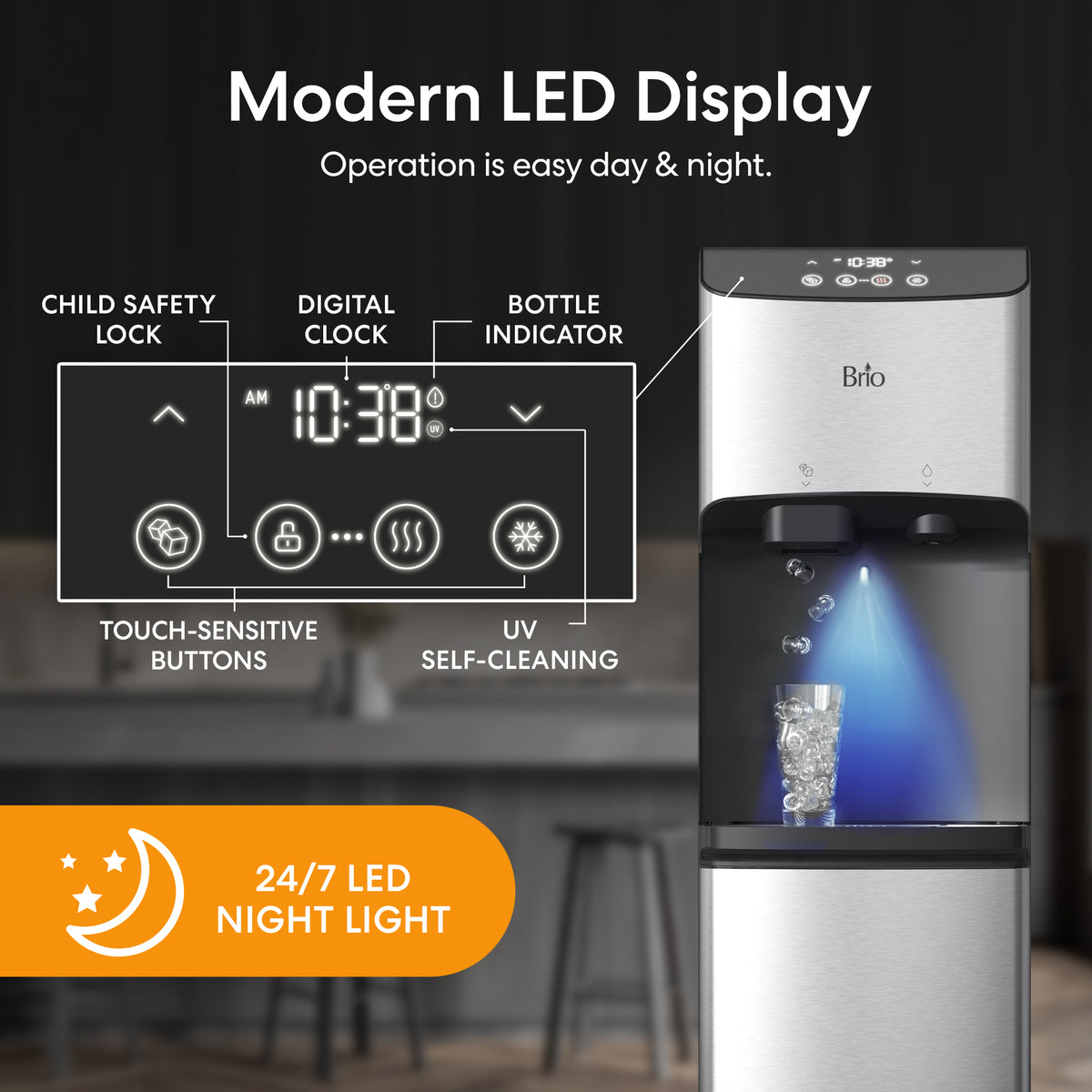 The Bottom Load Bullet Ice & Hot/Cold Water Dispenser - Model 520 Ice features a stainless steel design, digital LED display with time, touch buttons, safety lock, UV self-cleaning, and a bottle indicator. A glass fills with water beneath its blue night light.