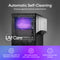 The Bottom Load Bullet Ice & Hot/Cold Water Dispenser - Model 520 Ice features a glowing cleaning chamber accompanied by the text: “Automatic Self-Cleaning, Protects against harmful contaminants.” Icons highlight its automatic operation, biofilm elimination, and chemical-free process.