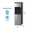 Introducing the Brio Bottom Load Bullet Ice & Hot/Cold Water Dispenser - Model 520 Ice, a sleek stainless steel unit with a black top. This bottom load water cooler dispenses both hot and cold water for your convenience and features bullet ice production. With dimensions of 43.3 in (110 cm) in height, 12.2 in (31 cm) in width, and 17.4 in (44.2 cm) in depth, it is certified by UL and ETL, with the logos displayed on the left.