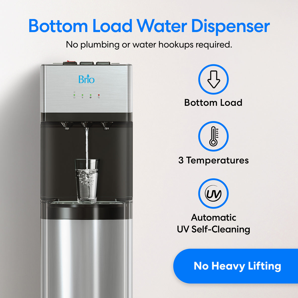 Experience ultimate convenience with the Stainless Steel Bottom Load Water Dispenser - 520, featuring innovative self-cleaning UV technology to keep your drinking water pure. This tri-temperature water cooler dispenses hot, cold, or room temperature water at just the touch of a button. Designed with an easy bottom load system, there’s no heavy lifting required—simply watch as your glass fills effortlessly with crisp, refreshing water.