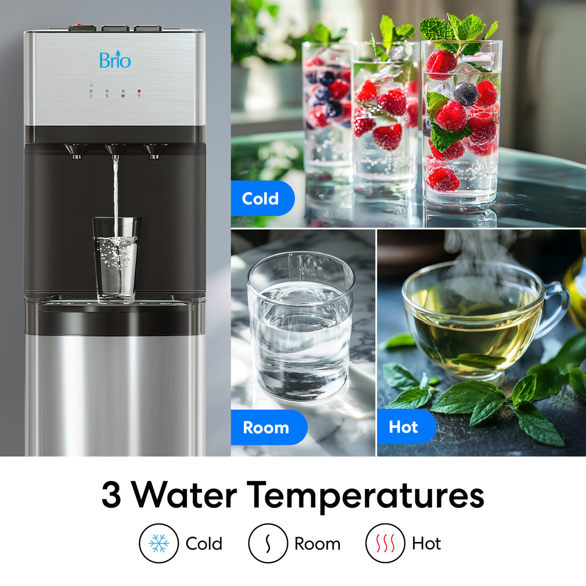 The Stainless Steel Bottom Load Water Dispenser - 520 offers three temperature settings—chilled water with berries and mint, room temperature, and hot water with tea—all showcased in clearly labeled photos. This tri-temperature dispenser also features self-cleaning UV technology to provide fresh, pure hydration every time.