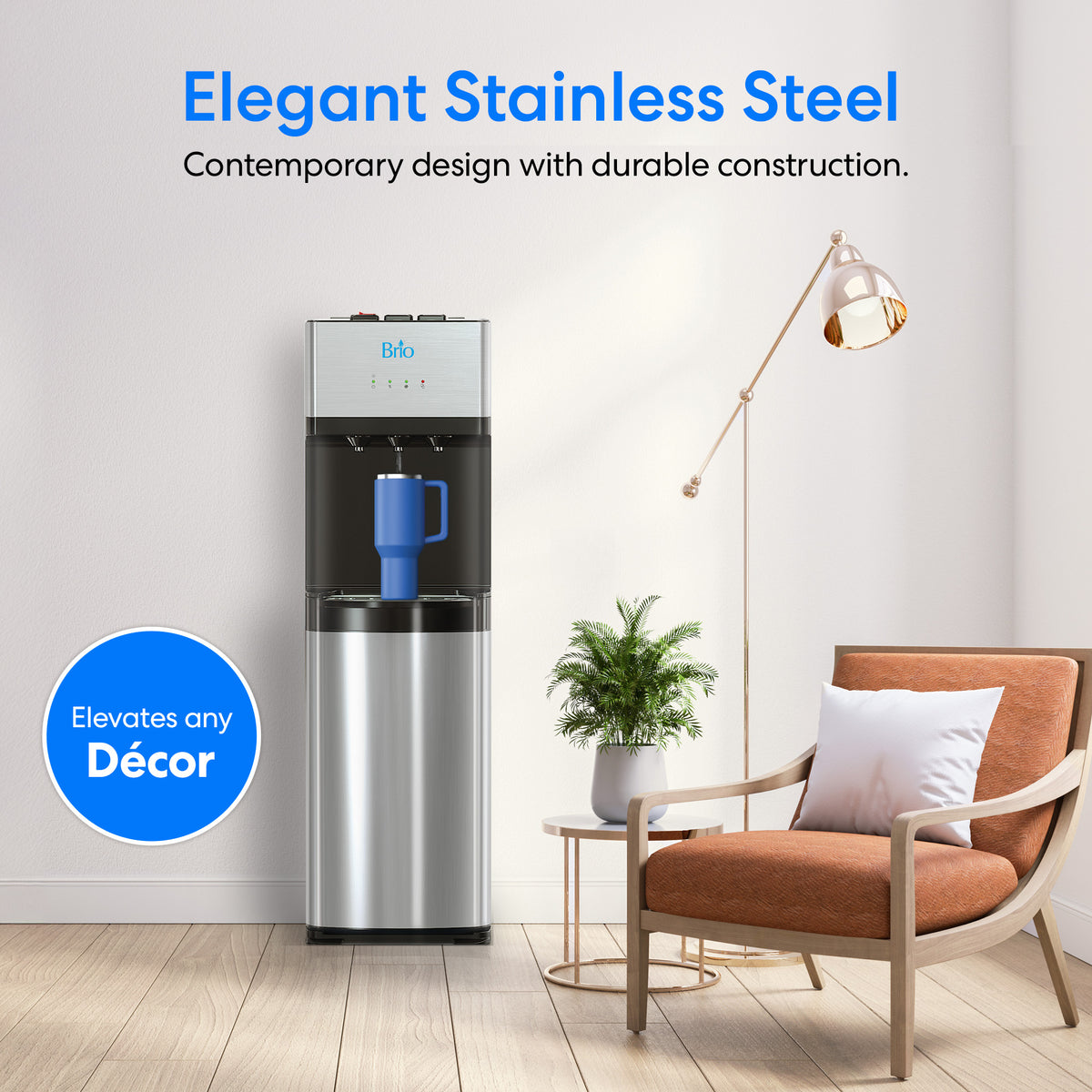 The Stainless Steel Bottom Load Water Dispenser - 520 is placed next to a modern chair, lamp, and plant in a bright room. Text emphasizes the dispenser’s elegant design and décor-enhancing style, while its tri-temperature water cooler feature and self-cleaning UV technology provide convenience and long-lasting freshness.