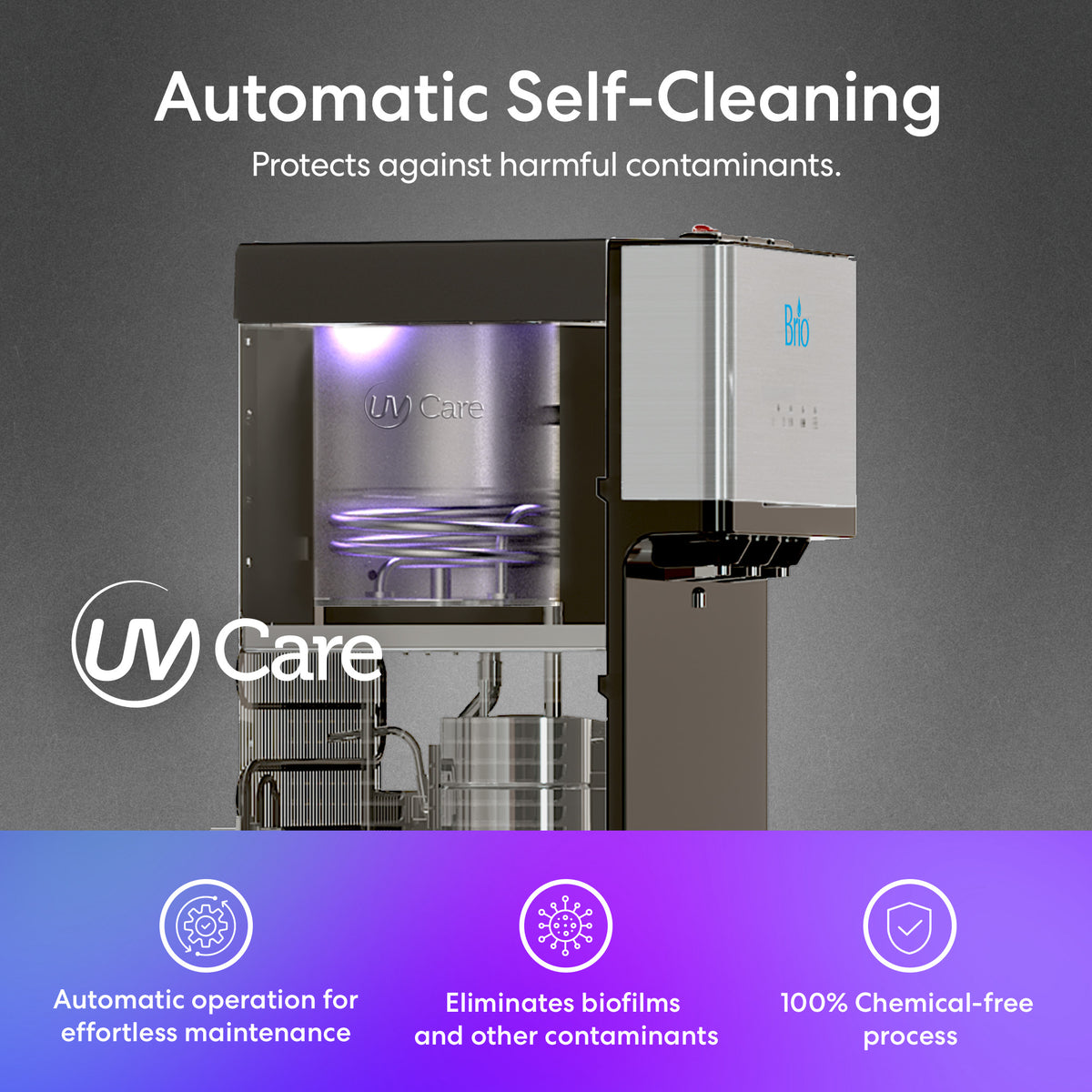 A self-cleaning machine labeled “Stainless Steel Bottom Load Water Dispenser - 520” with text promoting its advanced self-cleaning UV technology, automatic operation, biofilm elimination, and a 100% chemical-free process. A blue and purple banner highlights its features, making it the ideal choice for a hygienic bottom load water dispenser.