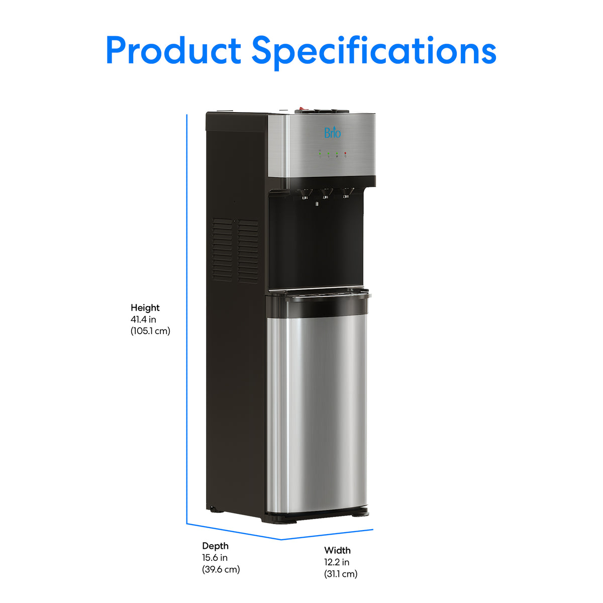 Product Specifications: The Stainless Steel Bottom Load Water Dispenser - 520 is a tall black and silver tri-temperature water cooler with labeled dimensions—height 41.4 in (105.1 cm), depth 15.6 in (39.6 cm), and width 12.2 in (31.1 cm). This bottom load dispenser features self-cleaning UV technology for enhanced convenience and hygiene.