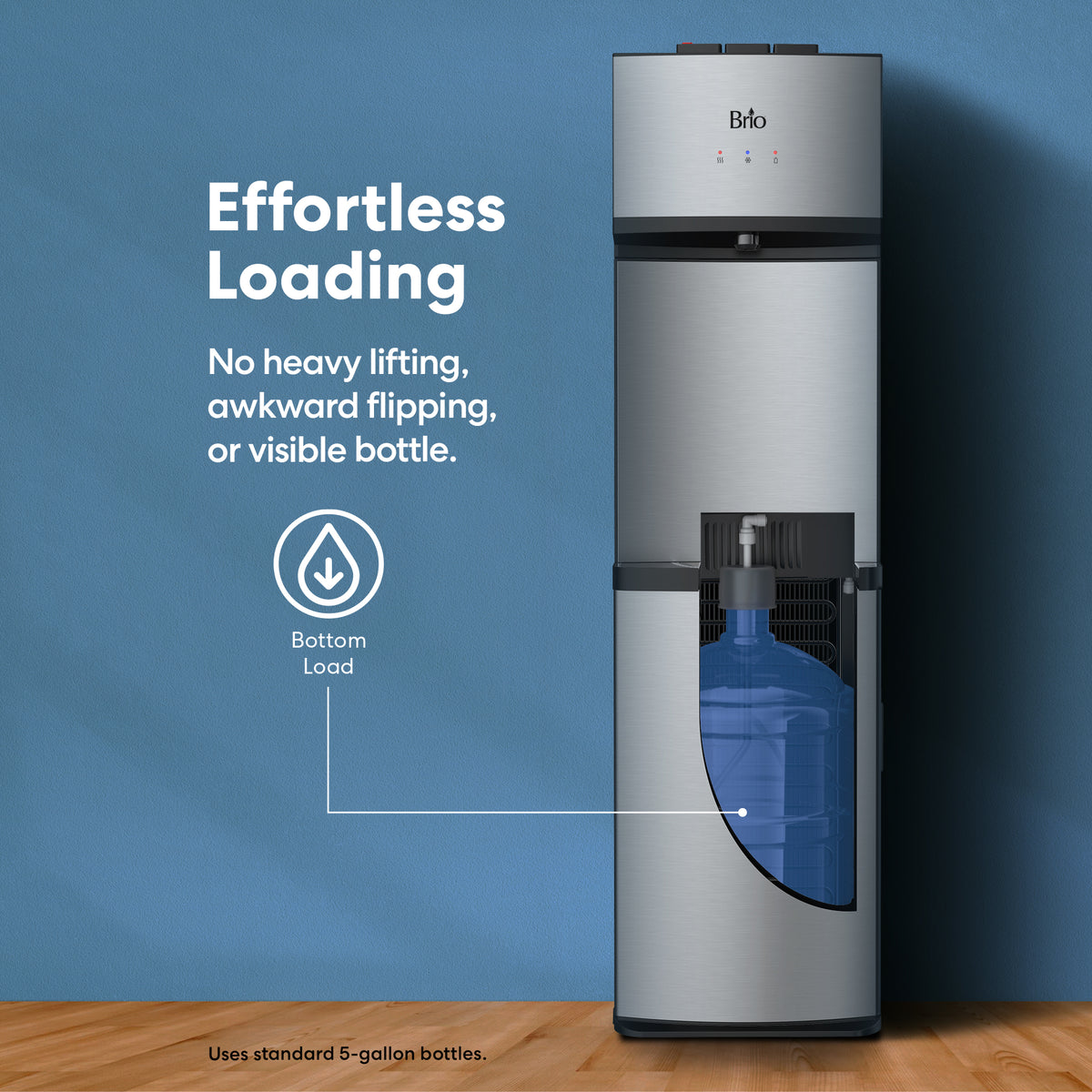 Introducing the Stainless Steel Bottom Load Water Dispenser - Model 530 BL, designed with sleek stainless steel reservoirs and a convenient bottom-loading compartment that securely fits a blue 5-gallon bottle. Experience effortless loading with no heavy lifting or awkward flipping needed. Set against a soothing blue wall, this dispenser seamlessly combines convenience and modern style.