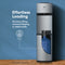 Introducing the Stainless Steel Bottom Load Water Dispenser - Model 530 BL, designed with sleek stainless steel reservoirs and a convenient bottom-loading compartment that securely fits a blue 5-gallon bottle. Experience effortless loading with no heavy lifting or awkward flipping needed. Set against a soothing blue wall, this dispenser seamlessly combines convenience and modern style.