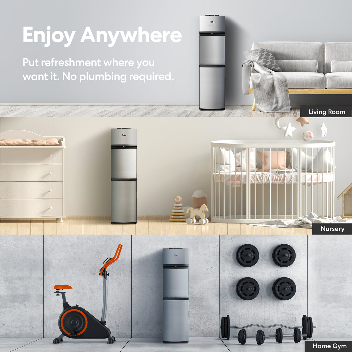The Stainless Steel Bottom Load Water Dispenser - Model 530 BL is displayed in a living room, nursery, and home gym, demonstrating its versatility and straightforward installation with no plumbing required. Equipped with self-cleaning technology and sleek stainless steel reservoirs, Model 530 BL seamlessly enhances each space’s aesthetic alongside thoughtfully chosen furniture and decor.