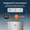 Image shows the Stainless Steel Bottom Load Water Dispenser - Model 530 BL with LED indicator lights and a closeup of the child safety lock for hot water. Text highlights features: safety lock, 2-step hot water dispensing, and LED indicators for heating, chilling, and empty bottle status. The dispenser also includes stainless steel reservoirs for enhanced durability and hygiene.