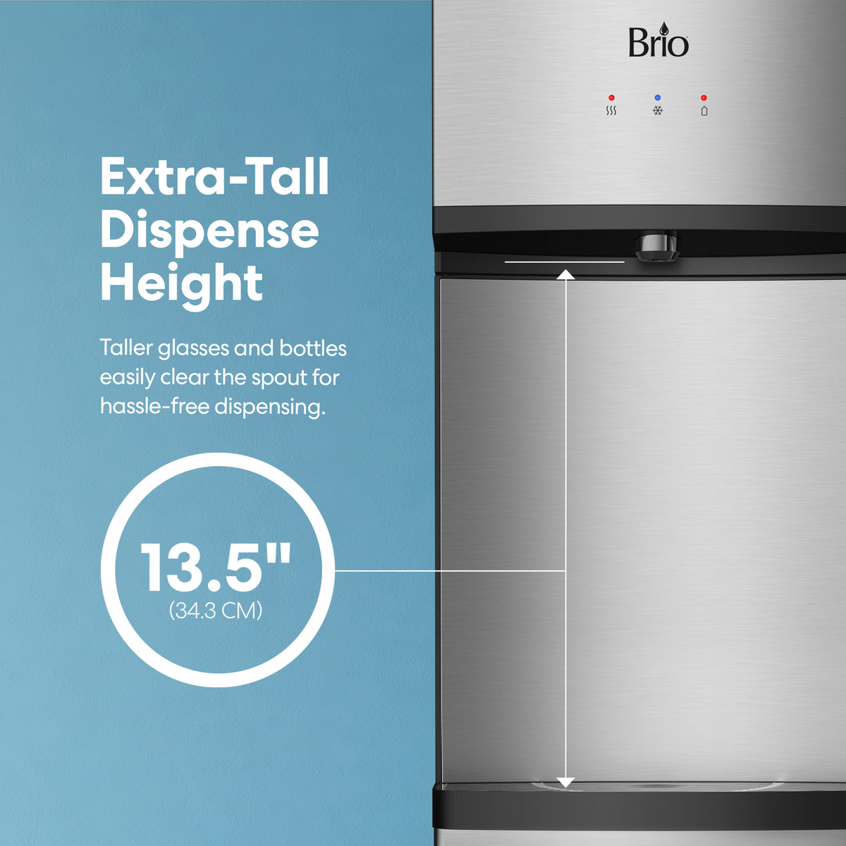 Introducing the Stainless Steel Bottom Load Water Dispenser - Model 530 BL, featuring an extra-tall 13.5-inch (34.3 cm) dispense height for effortless filling of tall glasses and bottles. With stainless steel reservoirs and a convenient design showcased against a blue background, this dispenser delivers premium features for your hydration needs.