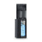 The Black Stainless Bottom Load Water Dispenser - Moderna 720 features an open lower compartment revealing a large blue water jug inside, along with a digital display and a water dispensing spout.