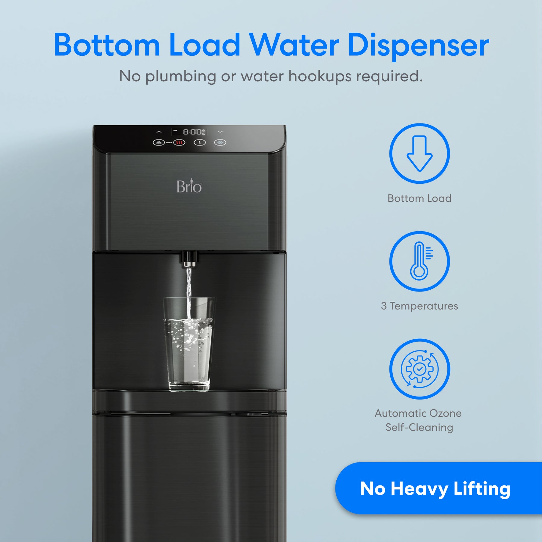 The Brio Moderna Self-Cleaning Black Stainless Bottom Load Water Cooler dispenses water in 3 temps, features no plumbing, automatic ozone cleaning, easy bottom load—no heavy lifting. Sleek design on a blue and white background.