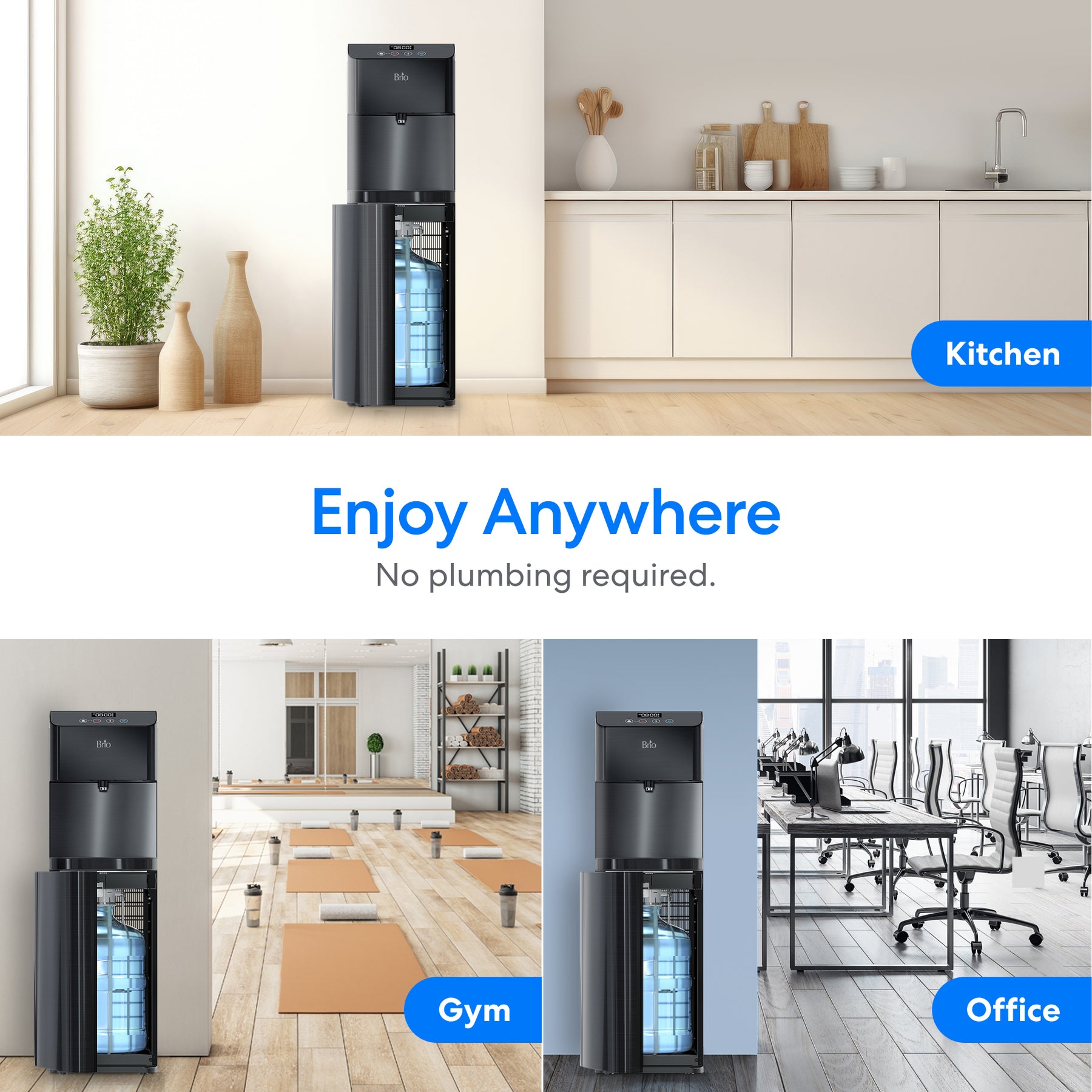 The Brio Moderna Self-Cleaning Black Stainless Bottom Load Water Cooler fits perfectly in the kitchen, gym, or office. Enjoy Anywhere—no plumbing needed. Blue labels highlight locations: Kitchen, Gym, Office.