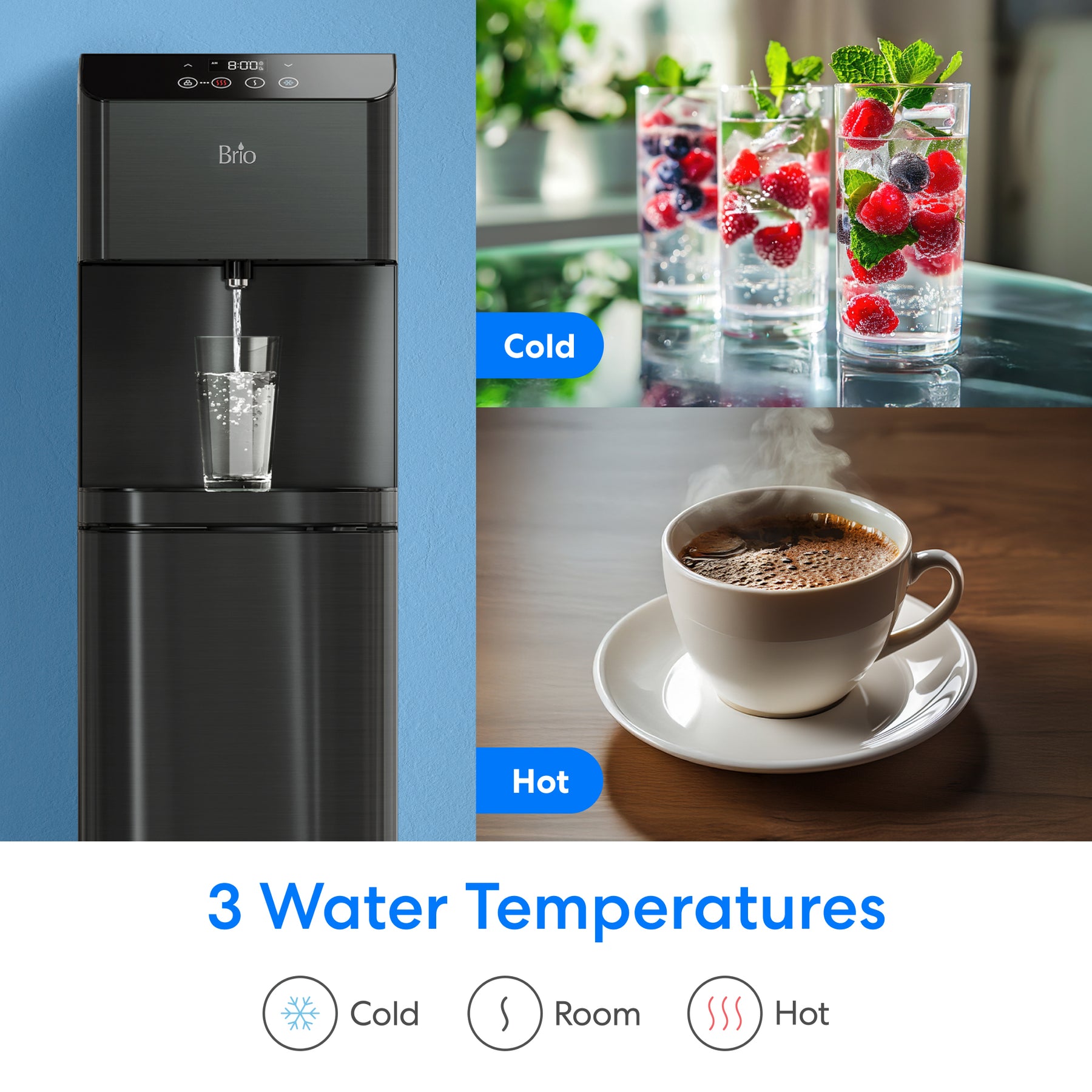 The Brio Moderna Self-Cleaning Black Stainless Bottom Load Water Cooler dispenses cold, room, or hot water. Images show it filling a glass, three fruit-infused waters, and a steaming coffee. Text: 3 Water Temperatures: Cold, Room, Hot.