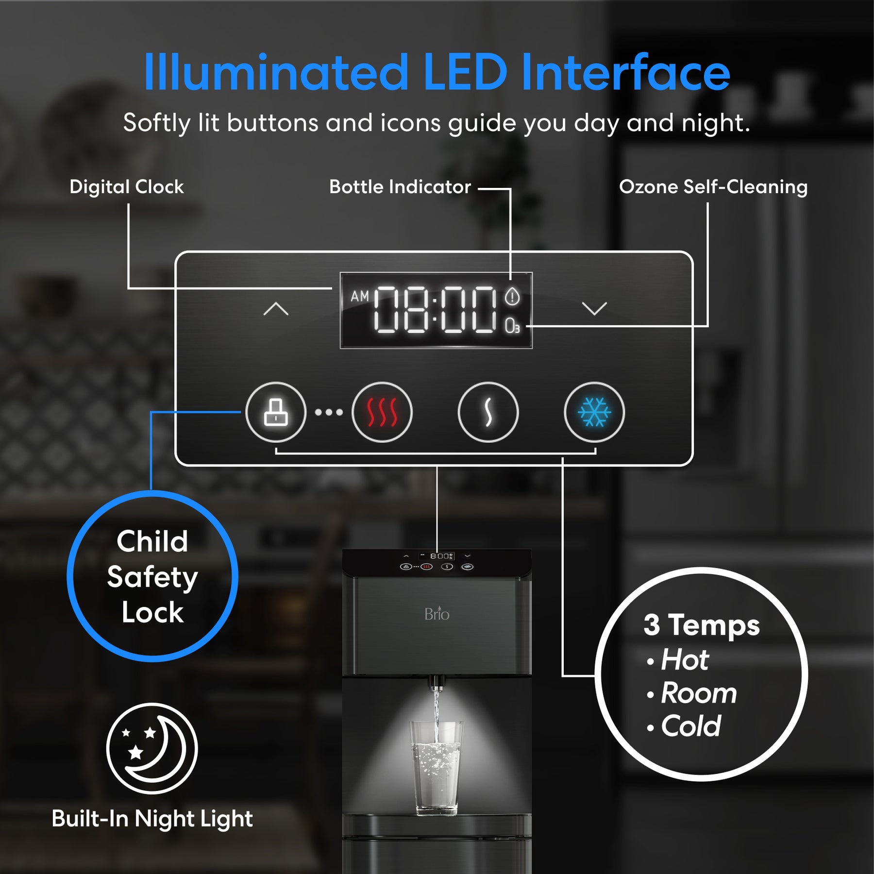 The Brio Moderna Self-Cleaning Black Stainless Bottom Load Water Cooler features an LED interface with icons for hot, room, and cold water, bottle indicator, ozone self-cleaning, child safety lock, digital clock, and night light.