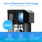 A Black Stainless Bottom Load Water Dispenser - Moderna 720, featuring a self-cleaning ozone system with visible water droplets inside and labeled “Self-Cleaning Ozone,” highlights advanced technology used in premium water coolers. Below, icons represent self-cleaning, biofilm elimination, and a 100% chemical-free purification process. The design features blue background and text.