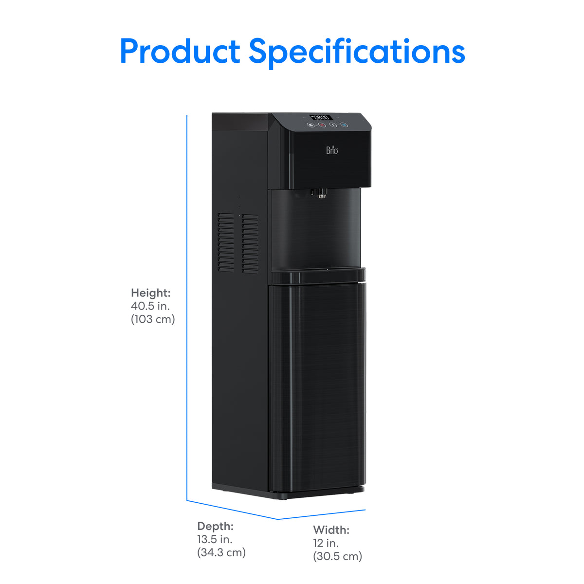 A sleek Black Stainless Bottom Load Water Dispenser - Moderna 720 is shown with labeled dimensions: height 40.5 in (103 cm), depth 13.5 in (34.3 cm), and width 12 in (30.5 cm). “Product Specifications” appears at the top in blue text.