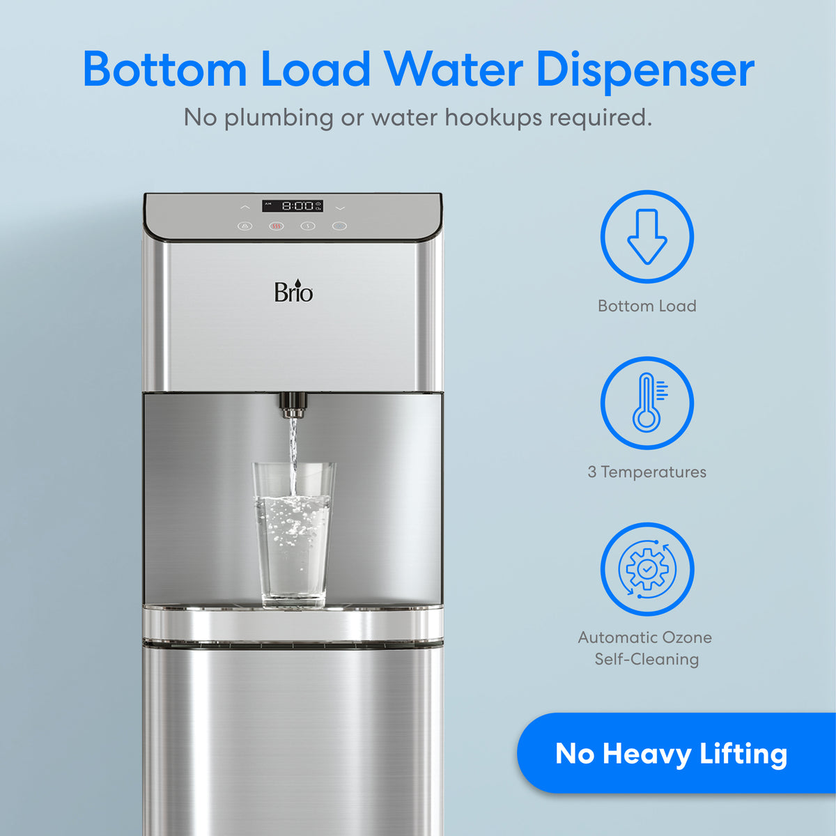 The Bottom Load Water Dispenser - 720 Moderna dispenses water into a glass, with icons highlighting its bottom loading design, three temperature options, and automatic stainless steel self-cleaning. Text reads: No Heavy Lifting.