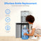 A woman loads a water bottle into the 720 Moderna Bottom Load Water Dispenser, which features a stylish stainless steel finish. The text highlights its convenient bottom load design that eliminates heavy lifting, hassle-free bottle replacement, compatibility with 3- and 5-gallon bottles, and built-in self-cleaning functionality.