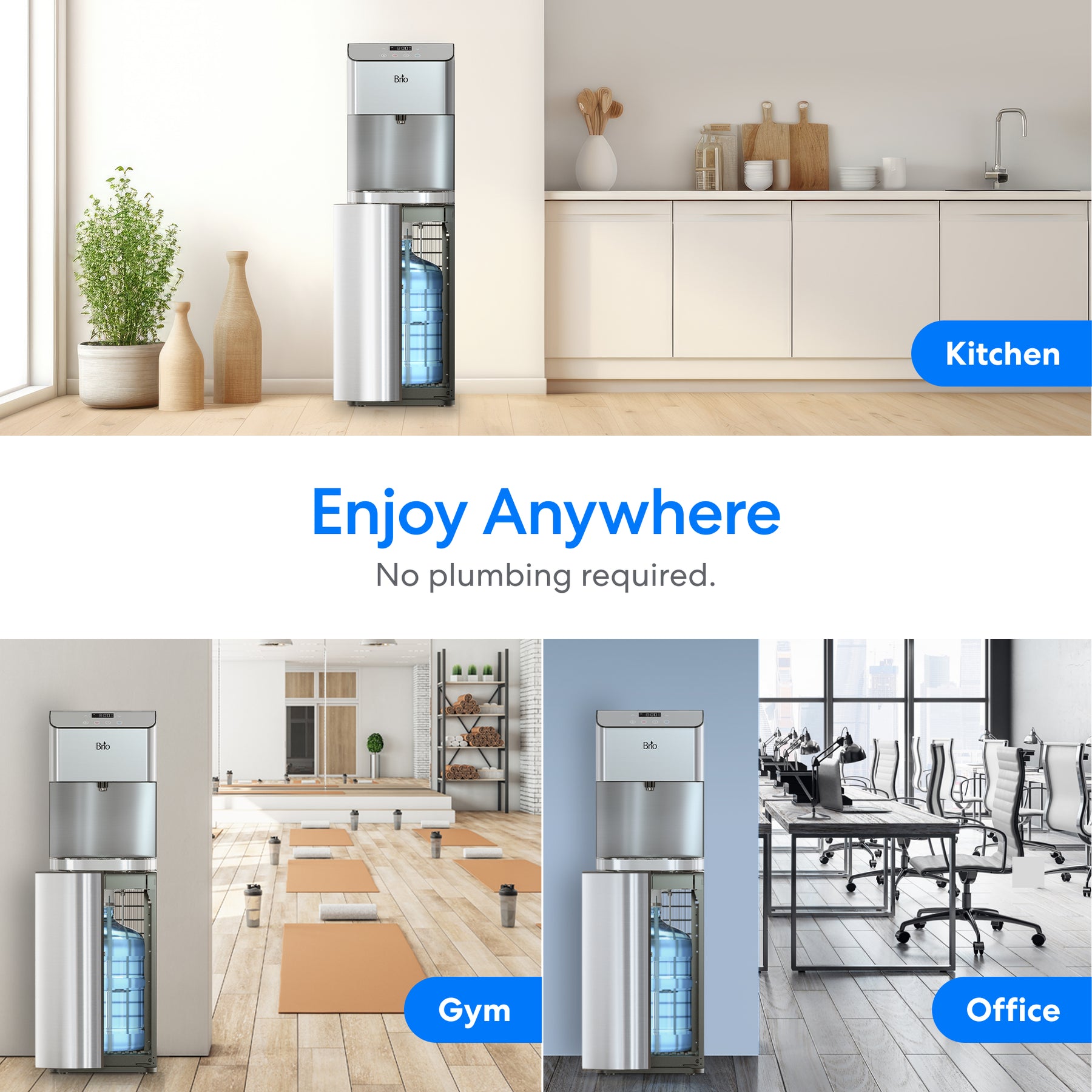 Four images display the Brio Moderna Self-Cleaning Bottom Load Water Cooler in a living room, kitchen, gym, and office. Blue labels identify each location with the text: Enjoy Anywhere—No plumbing required.