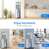 Four images display the Brio Moderna Self-Cleaning Bottom Load Water Cooler in a living room, kitchen, gym, and office. Blue labels identify each location with the text: Enjoy Anywhere—No plumbing required.