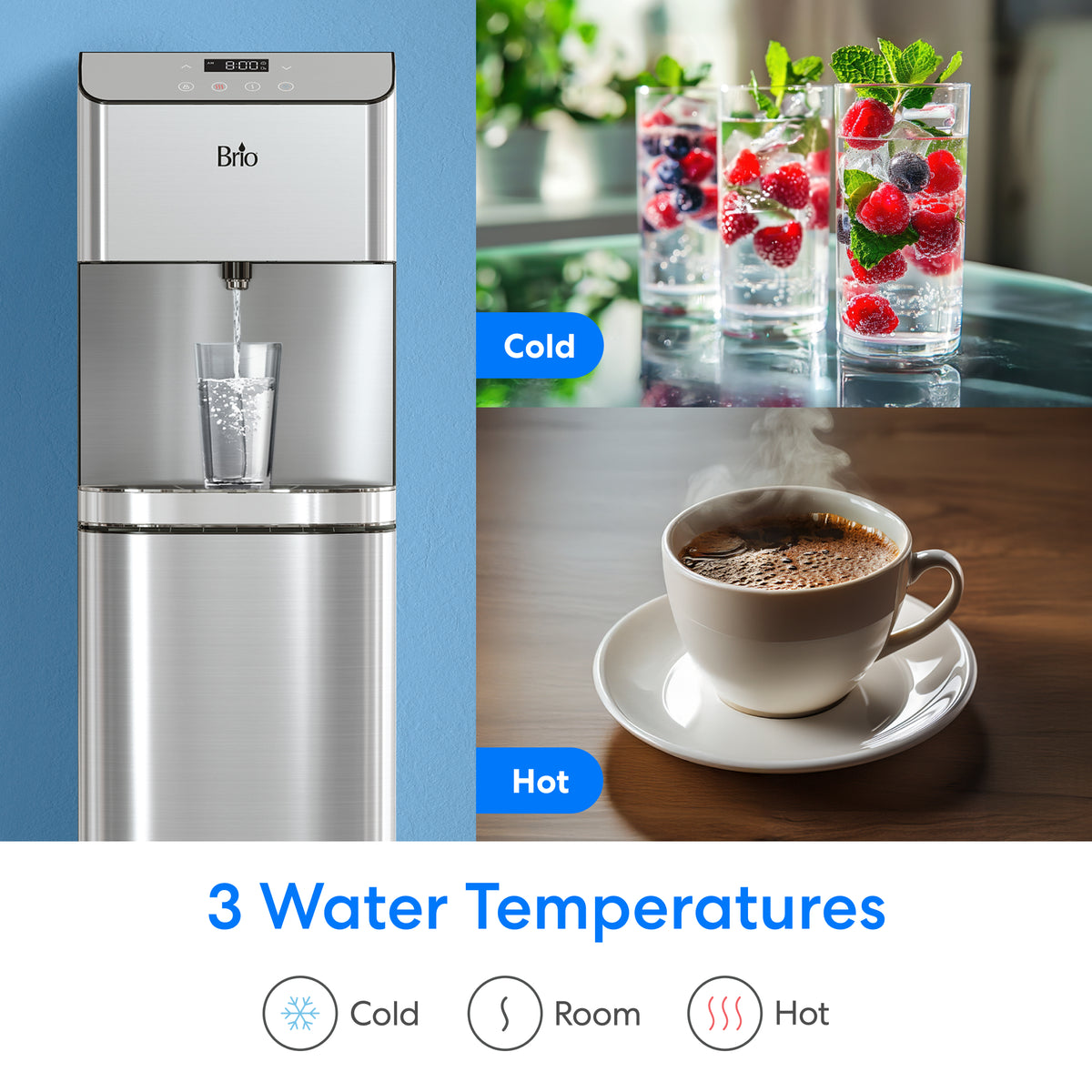 The 720 Moderna Bottom Load Water Dispenser features a modern stainless steel design and self-cleaning technology for convenience and durability. Enjoy three water temperatures—cold, room, and hot—with easy access. The image shows the dispenser with a glass of water, three fruit-infused glasses labeled “Cold,” and a steaming cup of coffee labeled “Hot.”.