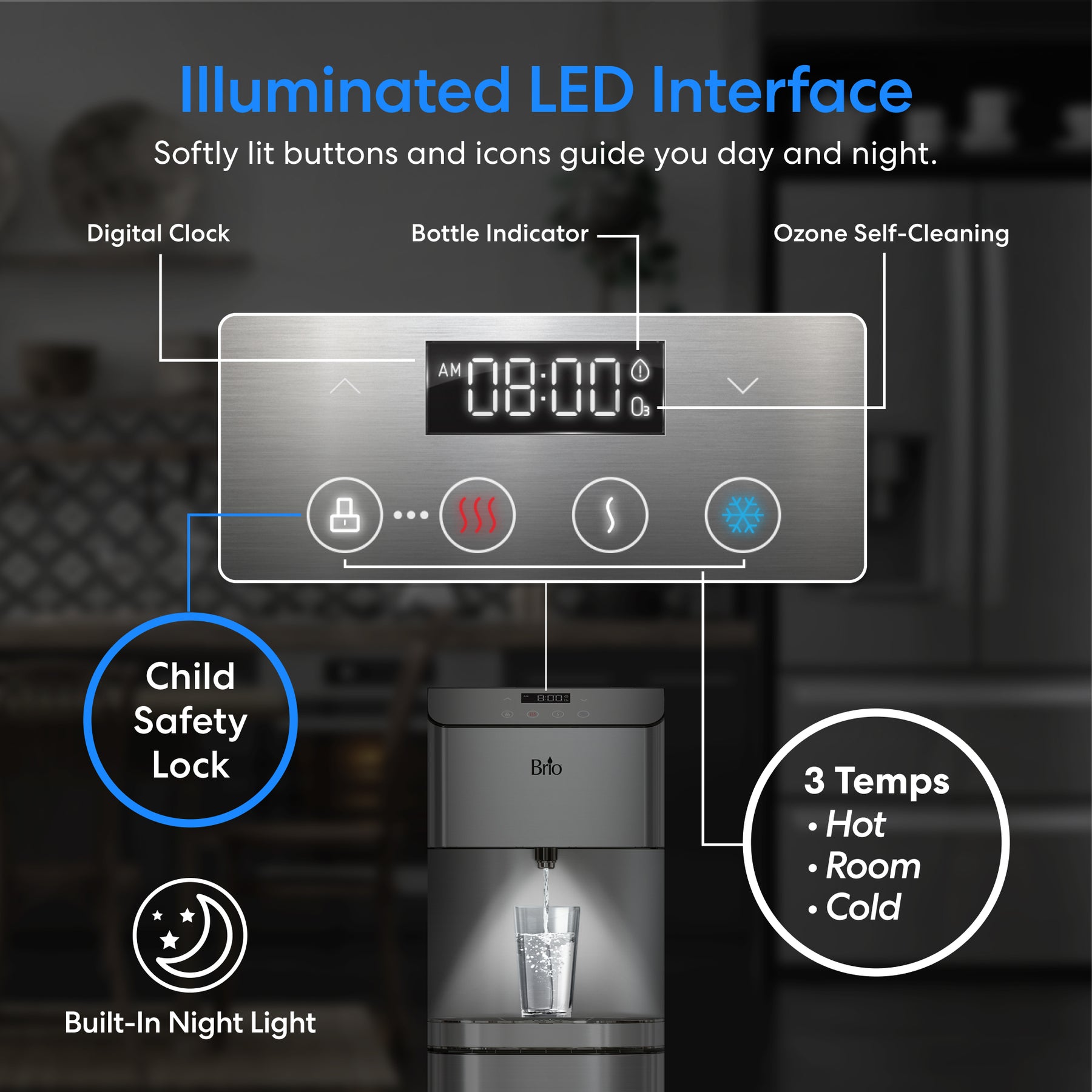 Brio water dispenser lock button save time settings display