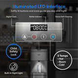 The Brio Moderna Self-Cleaning Bottom Load Water Cooler features an LED control panel with a digital clock, bottle indicator, ozone self-cleaning, child safety lock, and three water temps: hot, room, and cold.