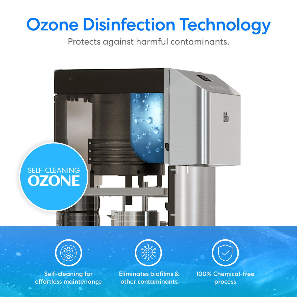 The Bottom Load Water Dispenser - 720 Moderna features advanced Ozone Disinfection Technology with a self-cleaning ozone system that eliminates biofilm and contaminants using a 100% chemical-free process, ensuring effortless maintenance. Its sleek stainless steel design makes it the perfect enhancement for any space.