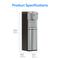 The Bottom Load Water Dispenser - 720 Moderna, featuring a stainless steel finish, is displayed with labeled dimensions: height 40.5 in. (103 cm), depth 13.5 in. (34.3 cm), and width 12 in. (30.5 cm). This self-cleaning unit combines convenience and durability for your space. Text reads: Product Specifications.