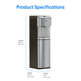 Brio Moderna Self-Cleaning Bottom Load Water Cooler features a stainless steel design with black side panel. Dimensions: 40.5 in. (103 cm) H x 13.5 in. (34.3 cm) D x 12 in. (30.5 cm) W. Product Specifications shown.