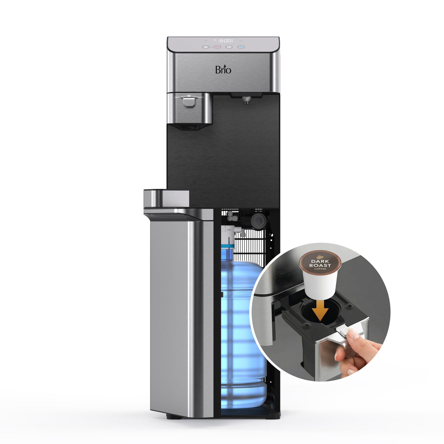 The Brio Moderna Coffee Maker & Bottom Load Water Cooler Dispenser is shown with a blue water jug, while an inset displays a hand inserting a "Dark Roast" pod, emphasizing its dual use as a single-cup coffee maker and water dispenser.