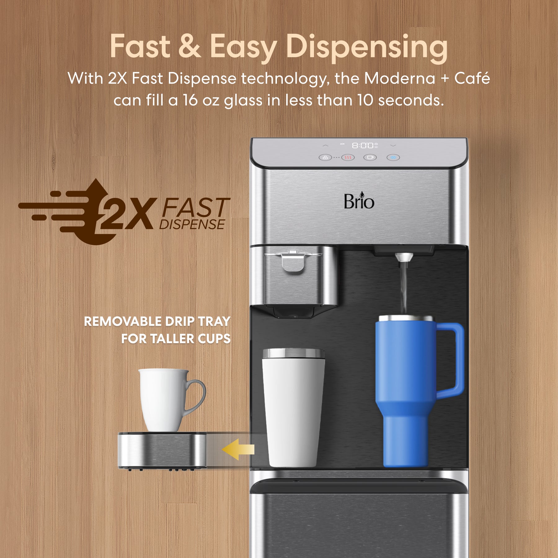 The Brio Moderna Coffee Maker & Bottom Load Water Cooler Dispenser features 2X Fast Dispense, a removable drip tray for tall cups, and fills a 16 oz glass in under 10 seconds. Shown with both a mug and tall cup on its versatile design.
