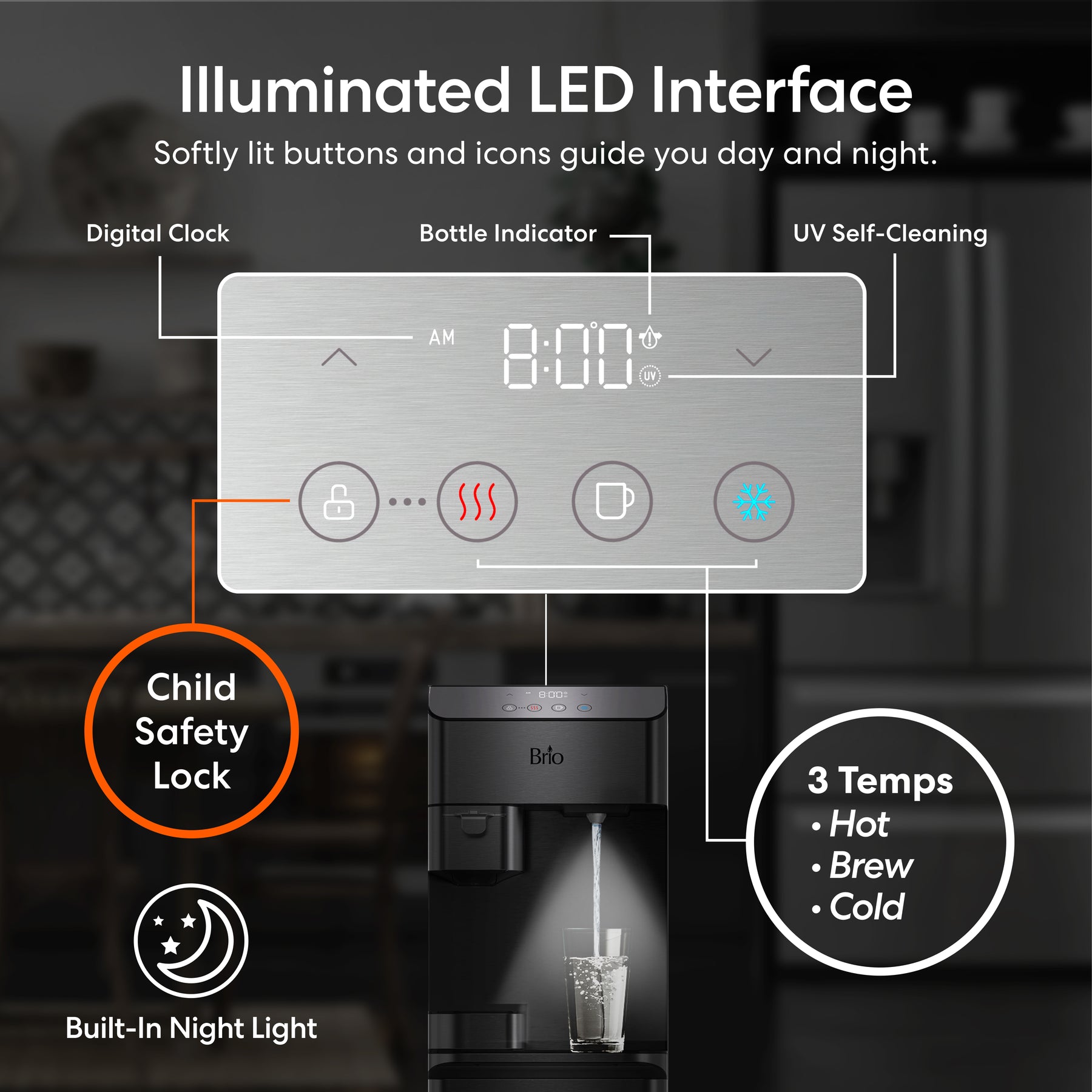The Brio Moderna Coffee Maker & Bottom Load Water Cooler Dispenser features a touchscreen panel with illuminated icons for digital clock, bottle indicator, UV self-cleaning, child safety lock, three temperature settings, and a night light.