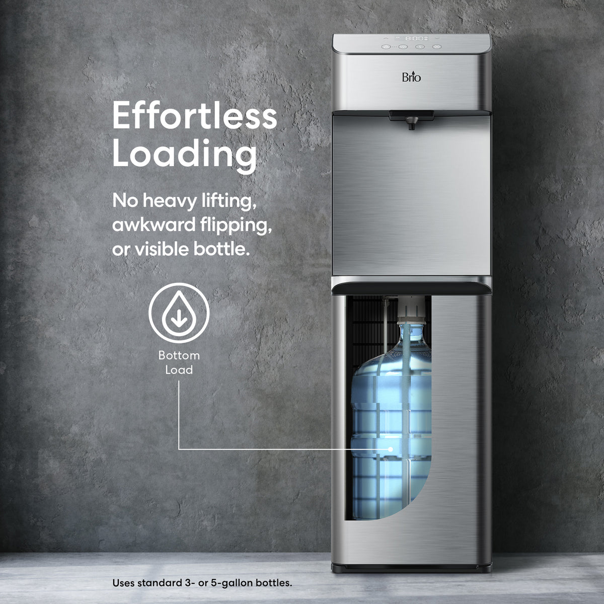 The Self-Cleaning Stainless Steel Bottom Load Water Dispenser - Moderna 730 features a convenient bottom-load design that securely holds a clear water bottle inside its lower compartment, eliminating the need for heavy lifting or visible bottles. For added convenience, this unit is equipped with self-cleaning UV technology to help maintain water purity with minimal effort.