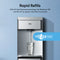 The Self-Cleaning Stainless Steel Bottom Load Water Dispenser - Moderna 730 rapidly fills your glass with water. Text reads, Rapid Refills. With 2X Fast Dispense technology, the Moderna 730 can fill a 16-oz. glass in less than 10 seconds while offering versatile tri-temperature options for every preference.