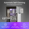 The Self-Cleaning Stainless Steel Bottom Load Water Dispenser - Moderna 730 features a sleek silver and black design with Automatic Self-Cleaning text, the UV Care logo, and icons showcasing effortless maintenance, biofilm elimination, and a 100% chemical-free process. This tri-temperature dispenser is equipped with advanced self-cleaning UV technology for superior hygiene and convenience.