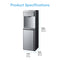 Product Specifications Self-Cleaning Stainless Steel Bottom Load Water Dispenser - Moderna 730 with labeled dimensions: height 40.94 in (104 cm), width 12.2 in (31 cm), and depth 13.39 in (34 cm). Equipped with a tri-temperature dispenser for hot, cold, or room temperature water, this unit features advanced self-cleaning UV technology to ensure optimal hygiene and convenient access at all times.