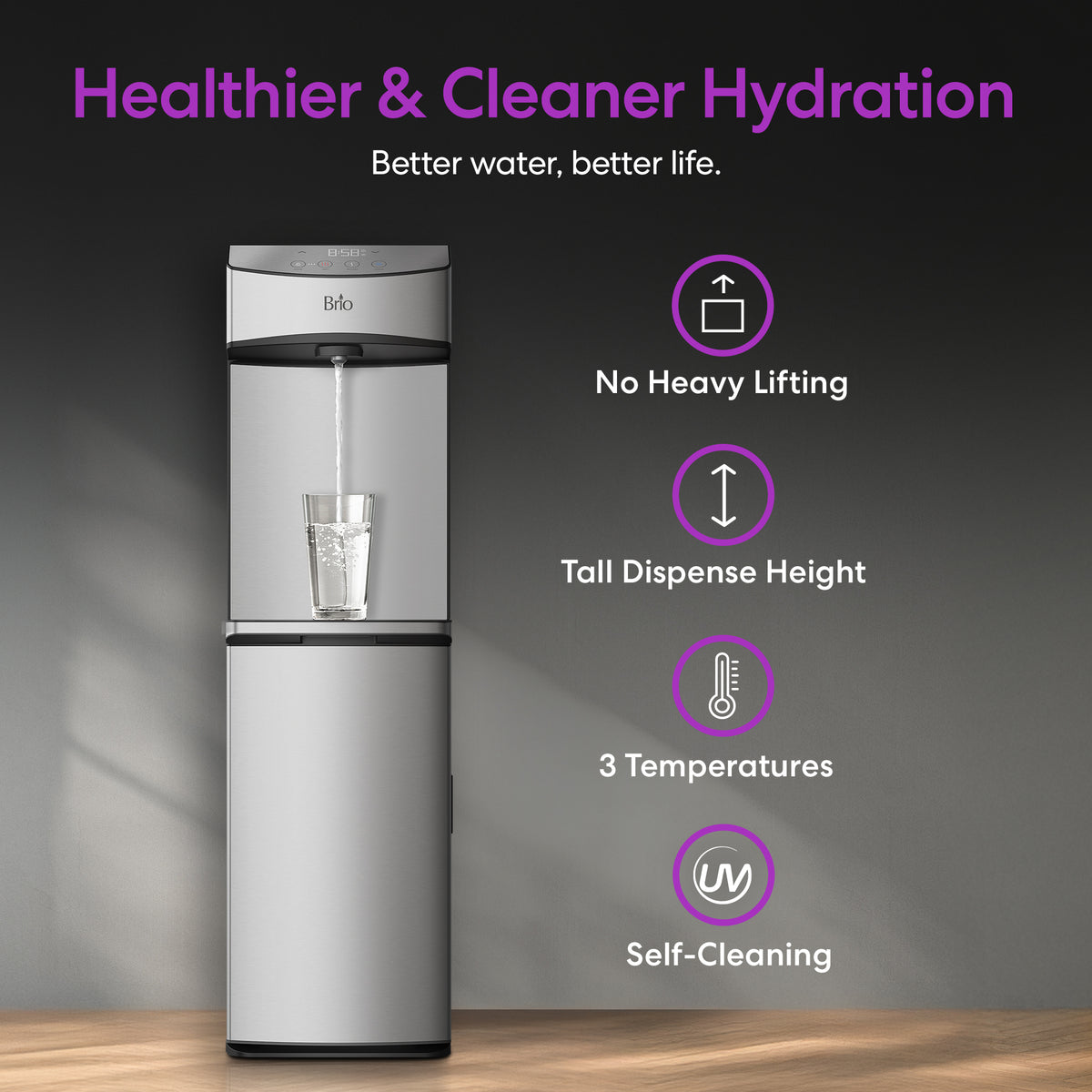 The Bottom Load Water Dispenser - Model 740, in a sleek silver design, fills a glass to demonstrate Healthier & Cleaner Hydration. Feature icons emphasize benefits such as no heavy lifting, tall dispense height, tri-temperature dispensing, and advanced self-cleaning UV technology—all showcased against a dark background.