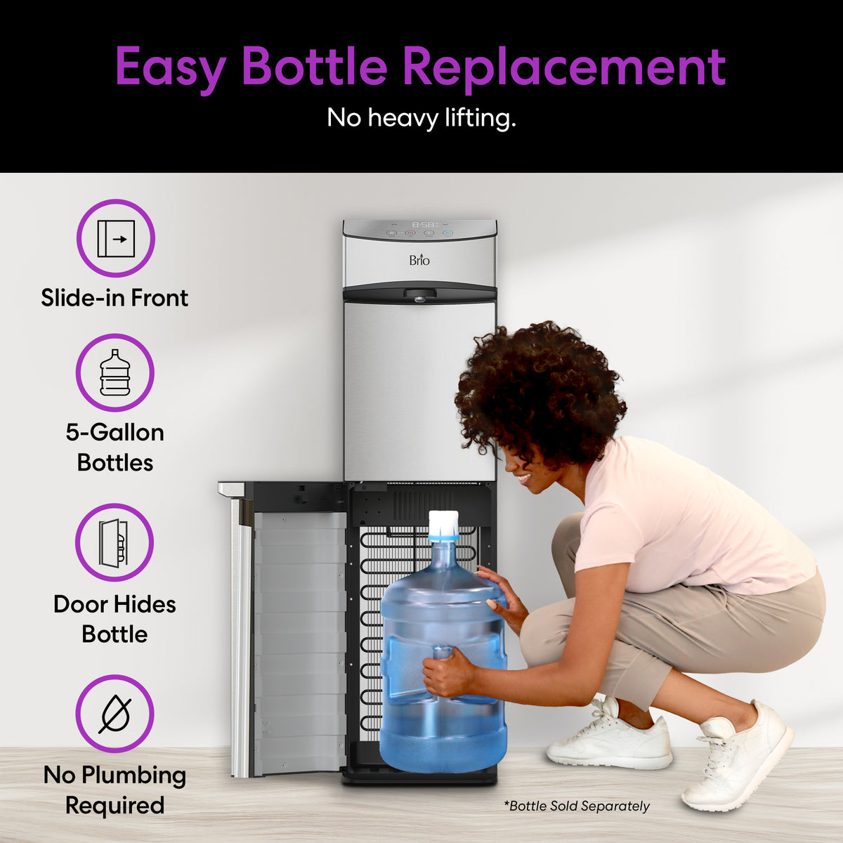 A woman kneels to slide a 5-gallon water jug into the open compartment of the Bottom Load Water Dispenser - Model 740. The dispenser door is open, while highlighted text calls out features such as easy bottle replacement, tri-temperature dispensing, and self-cleaning UV technology with no plumbing needed.